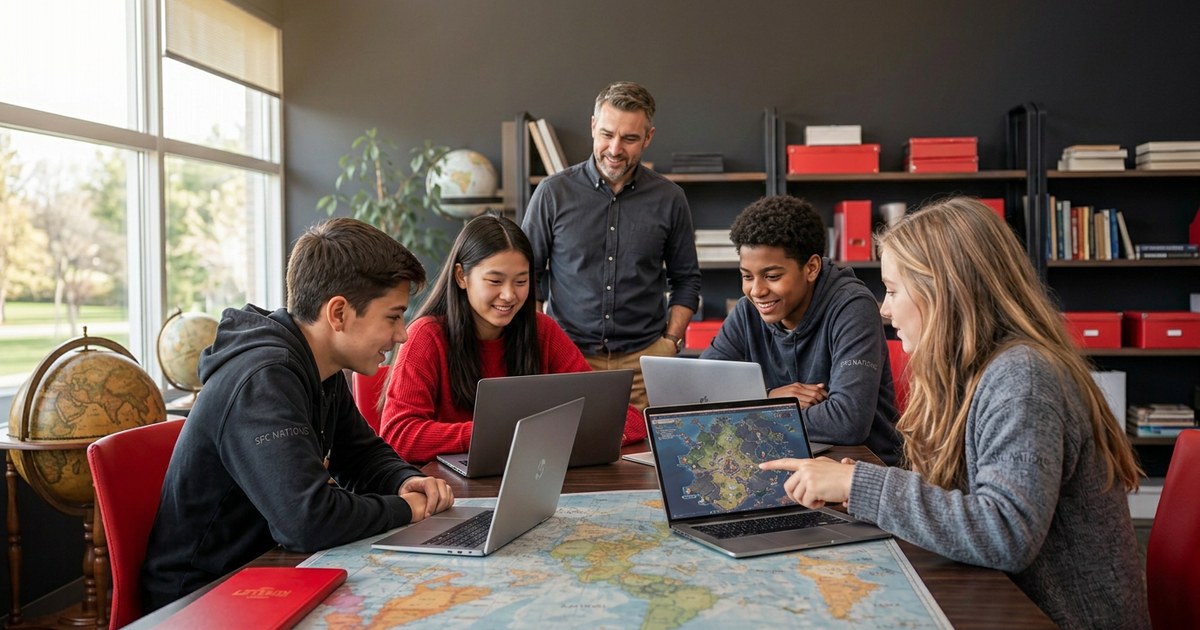 Student building a nation with a world map and budget dashboard