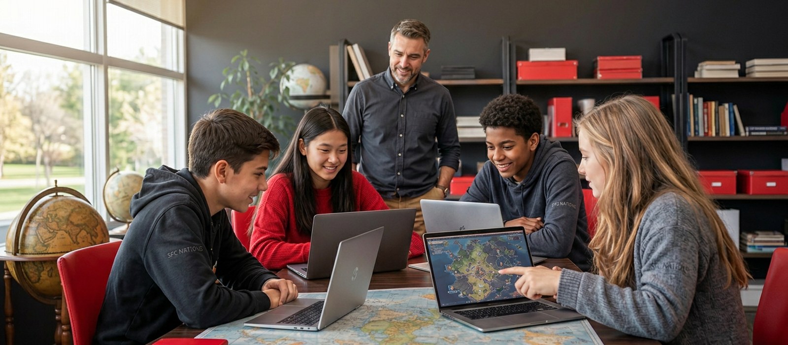 Homeschool family studying a world map and workbooks together at a table