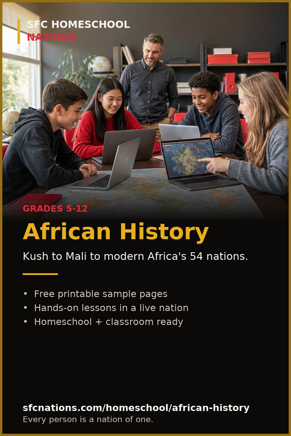 African History homeschool curriculum from SFC Nations — students and teacher working on laptops around a world map