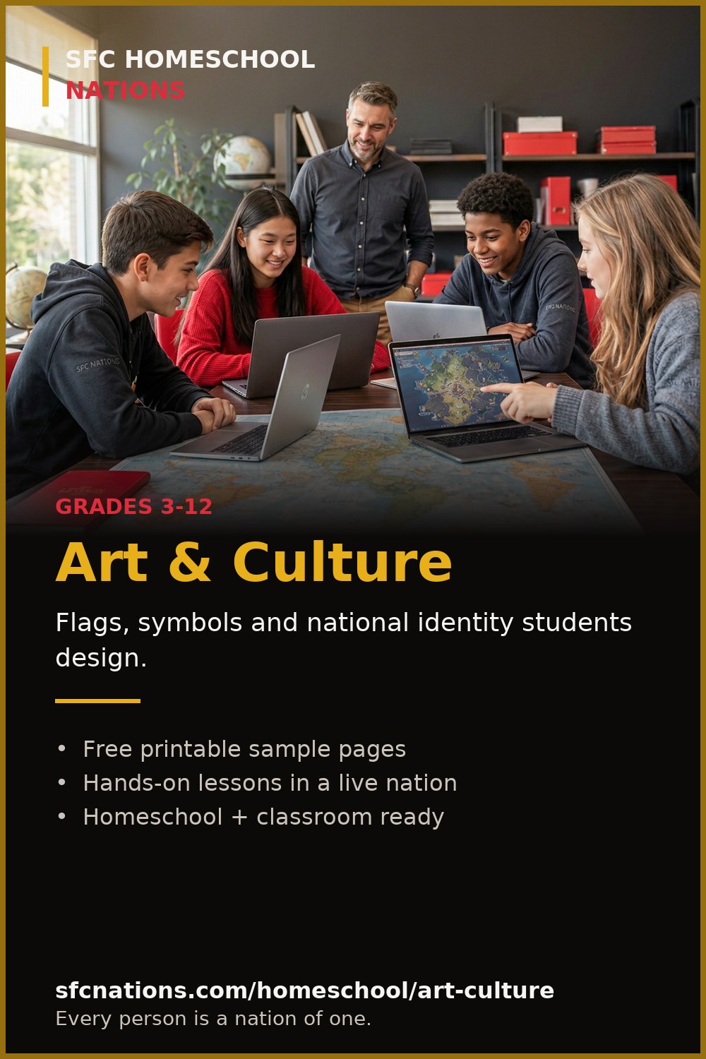 World Cultures & Religion homeschool curriculum from SFC Nations — students and teacher working on laptops around a world map