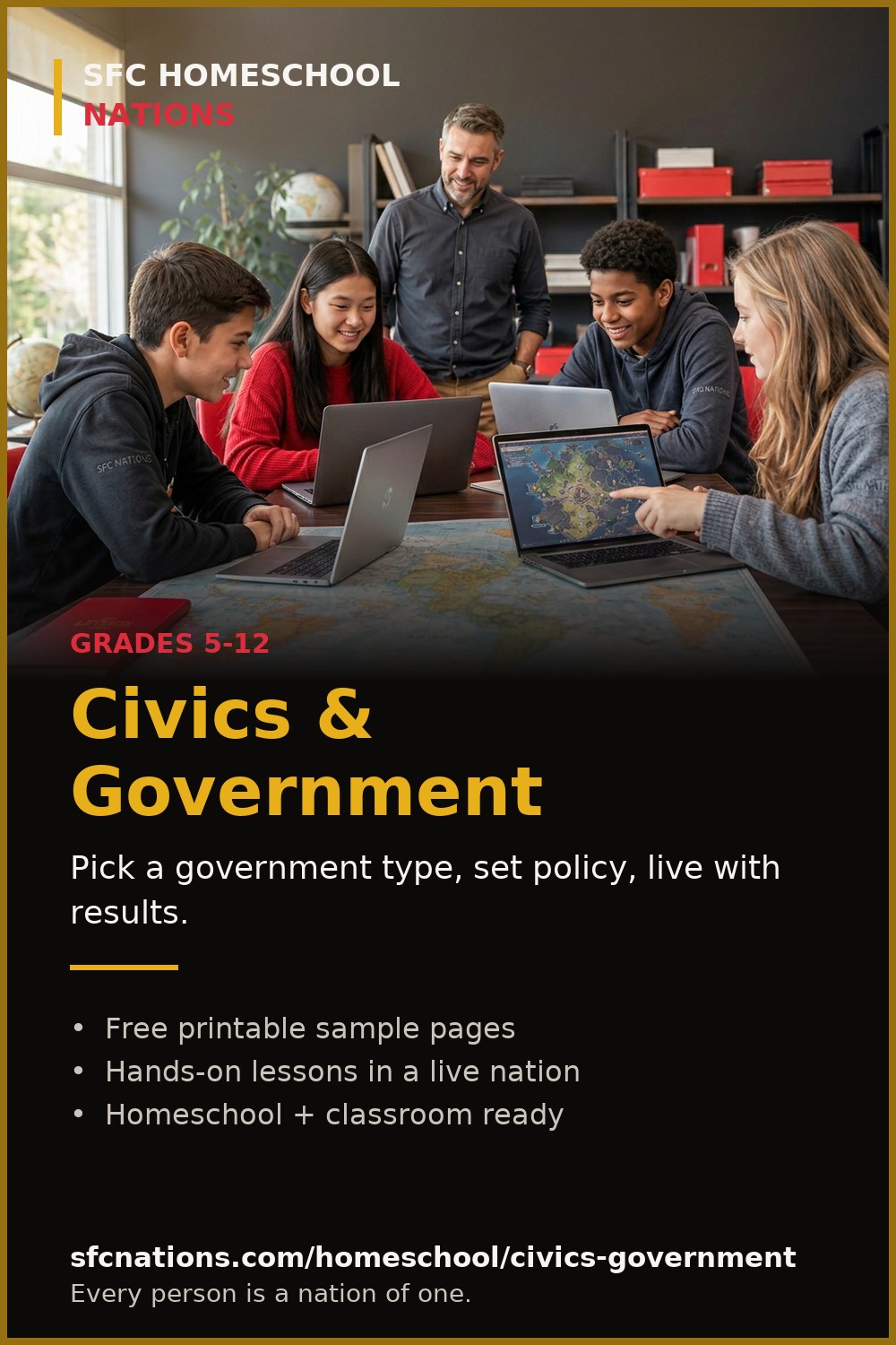 Civics & Government homeschool curriculum from SFC Nations — students and teacher working on laptops around a world map