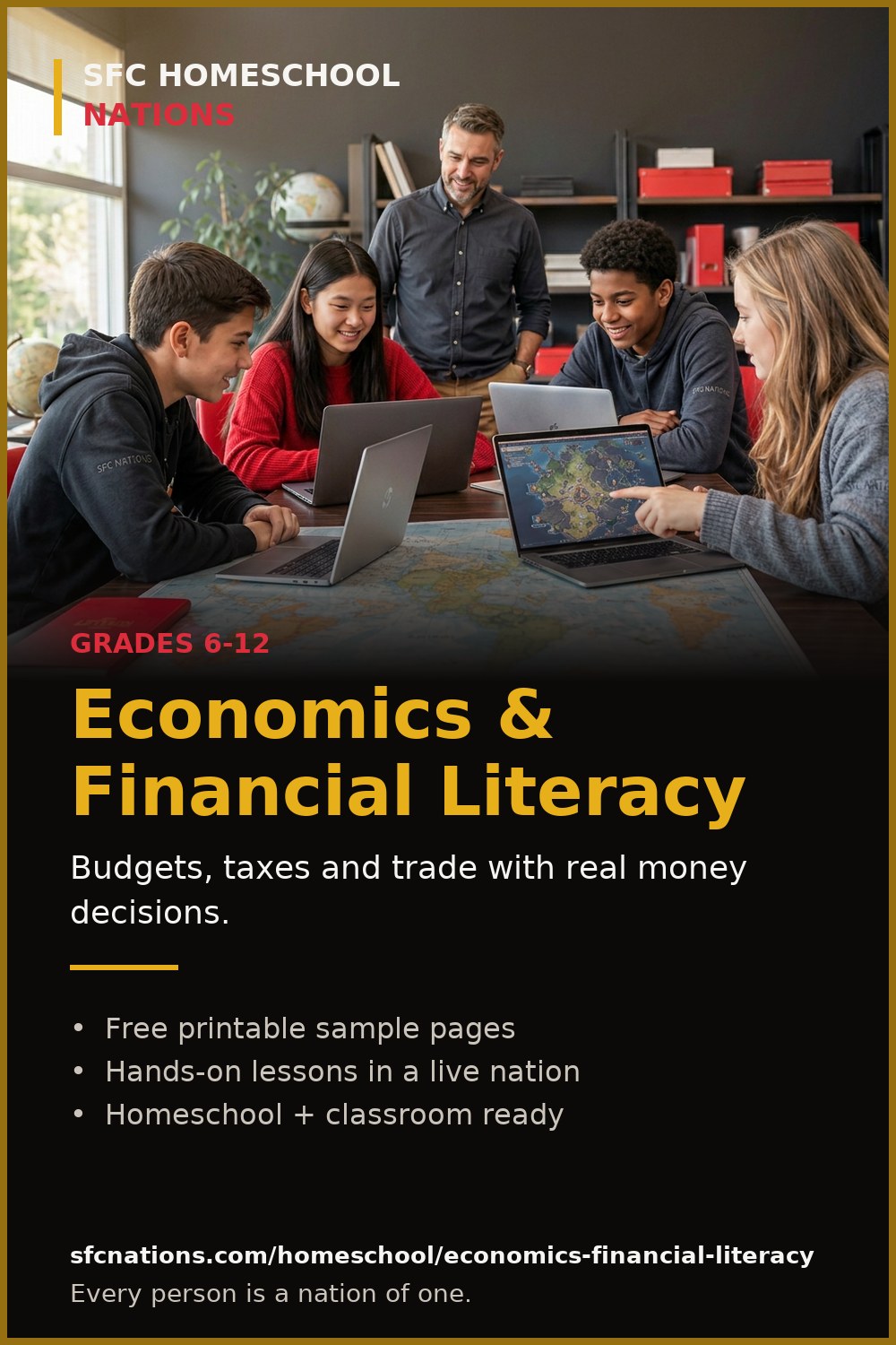 Economics homeschool curriculum from SFC Nations — students and teacher working on laptops around a world map