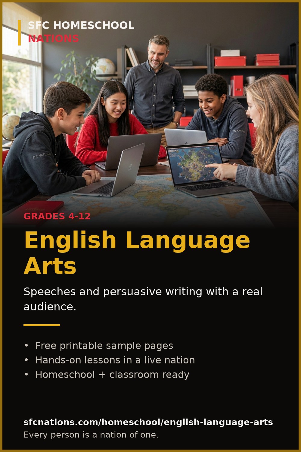 English Language Arts homeschool curriculum from SFC Nations — students and teacher working on laptops around a world map
