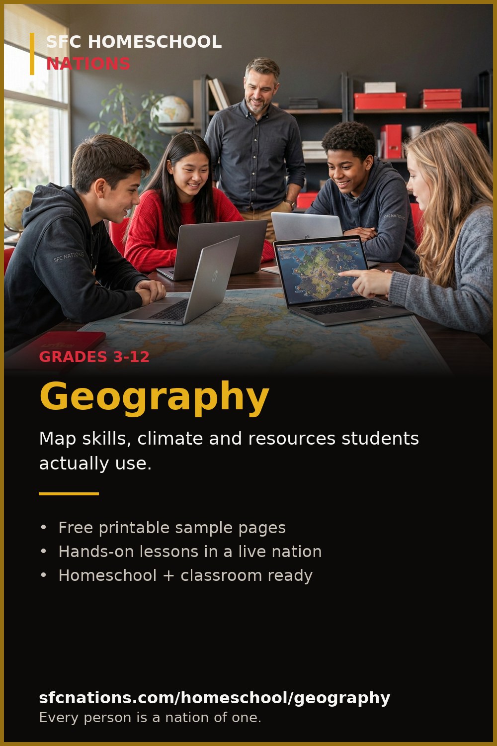 Geography homeschool curriculum from SFC Nations — students and teacher working on laptops around a world map