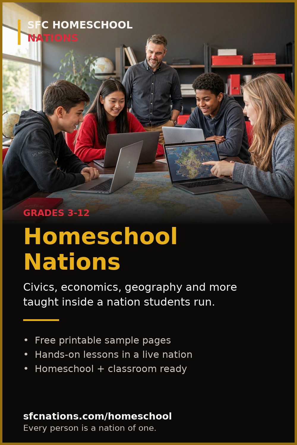 Diplomacy & International Relations homeschool curriculum from SFC Nations — students and teacher working on laptops around a world map