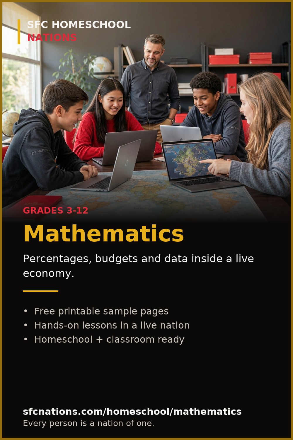 Mathematics homeschool curriculum from SFC Nations — students and teacher working on laptops around a world map
