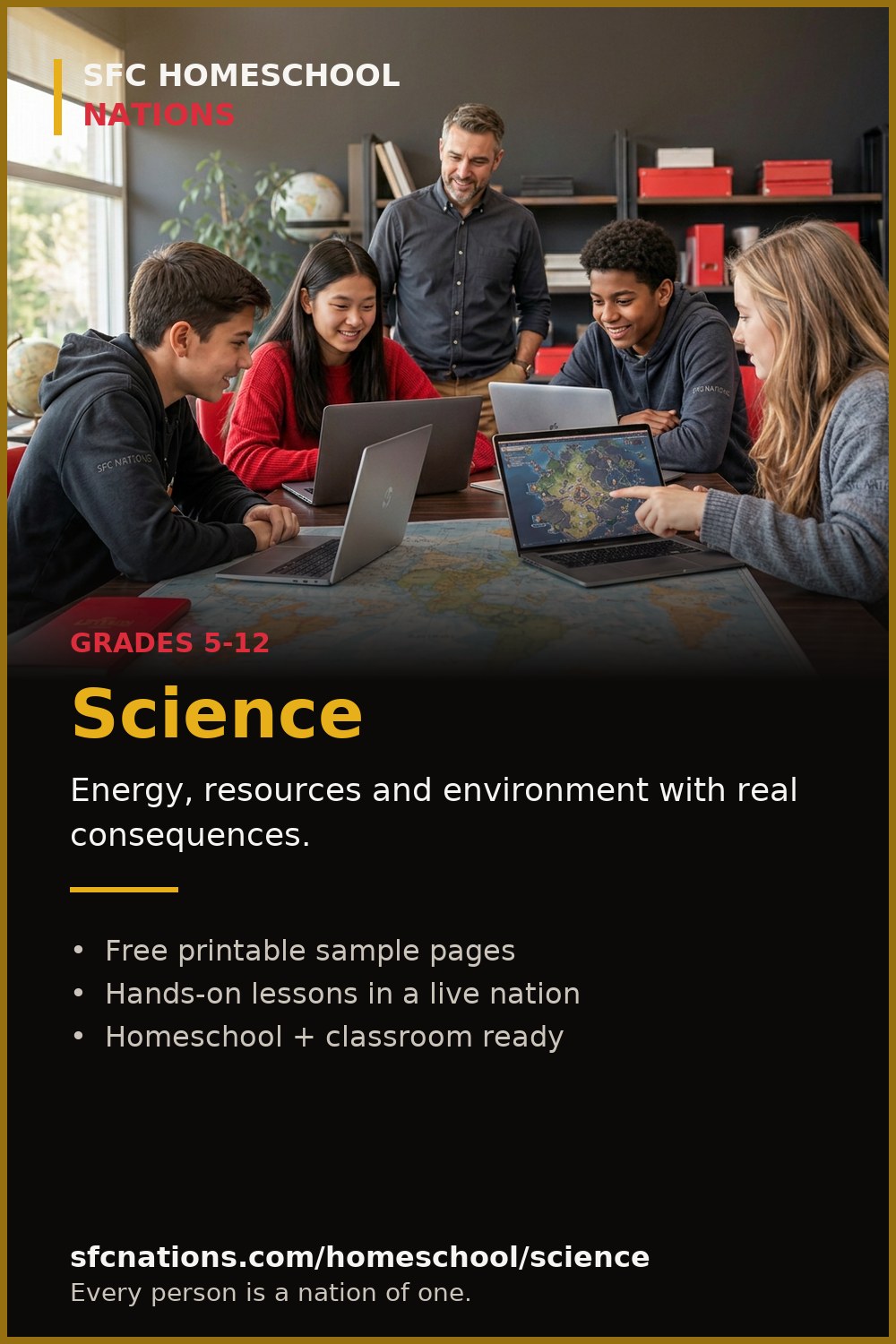 Science homeschool curriculum from SFC Nations — students and teacher working on laptops around a world map