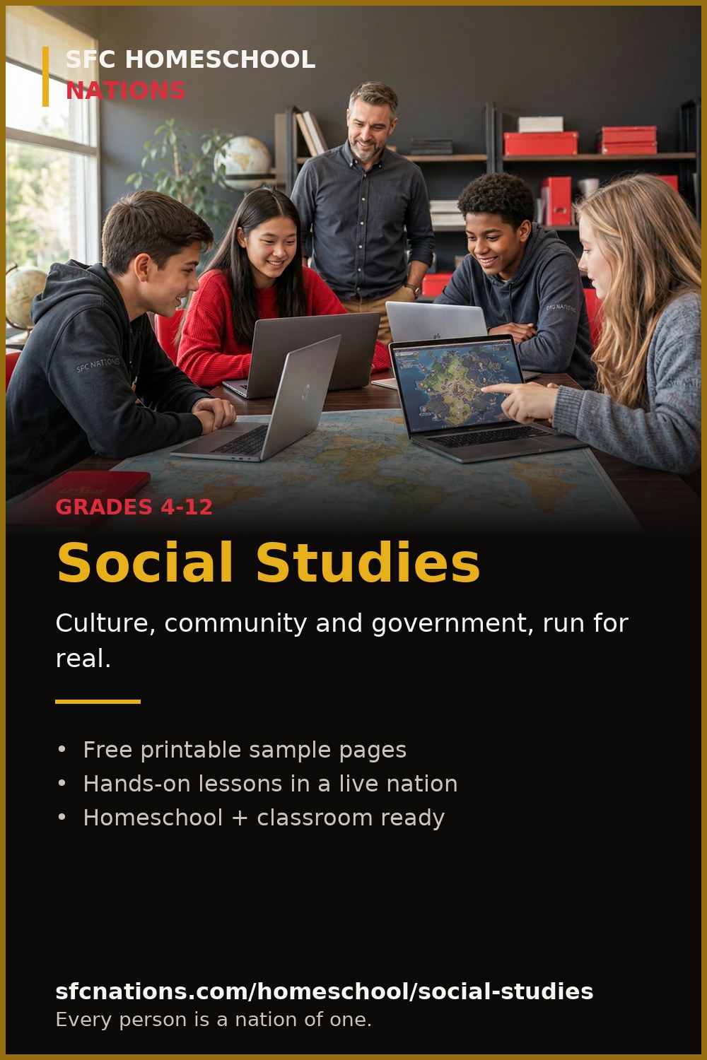 Social Studies homeschool curriculum from SFC Nations — students and teacher working on laptops around a world map