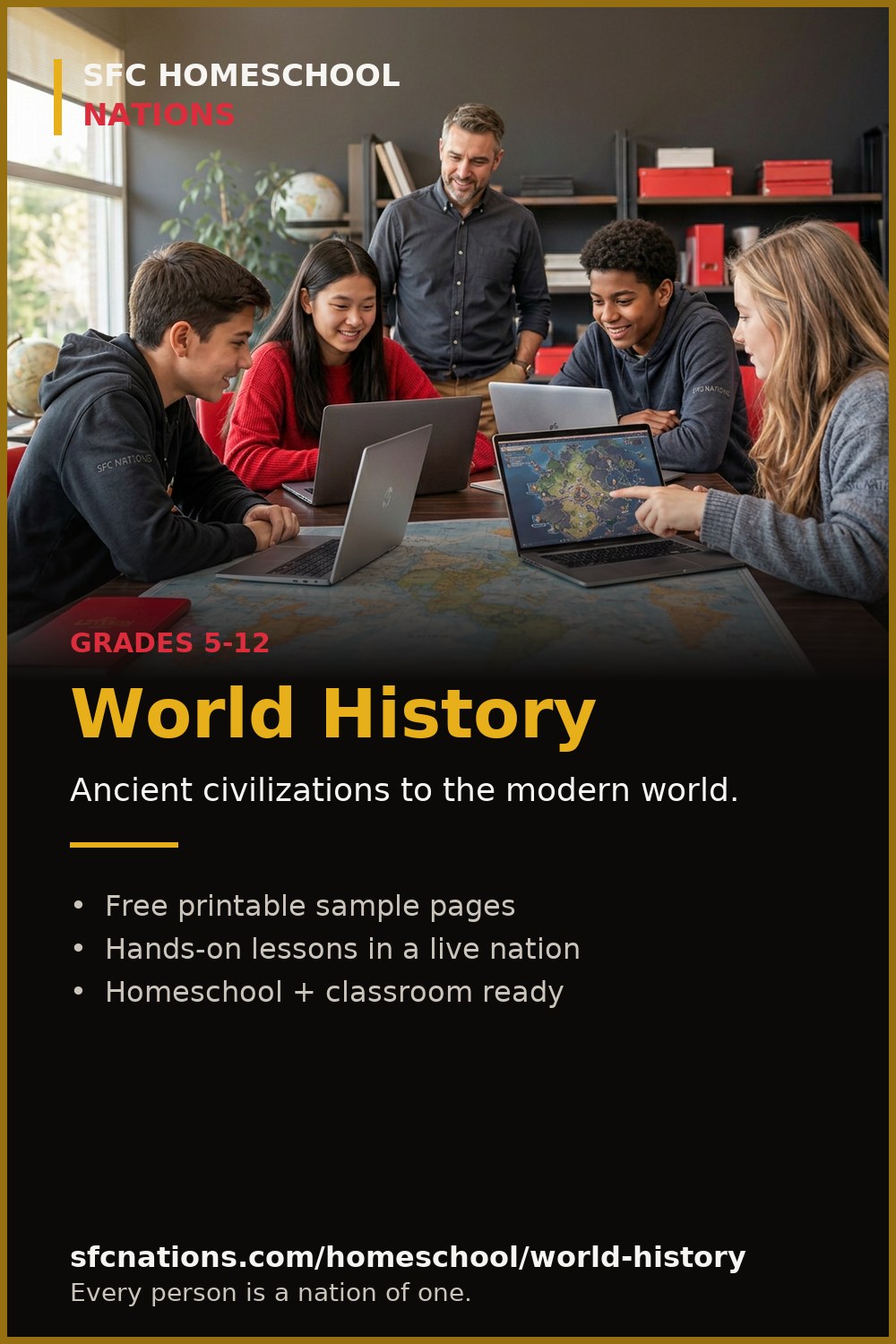 World History homeschool curriculum from SFC Nations — students and teacher working on laptops around a world map