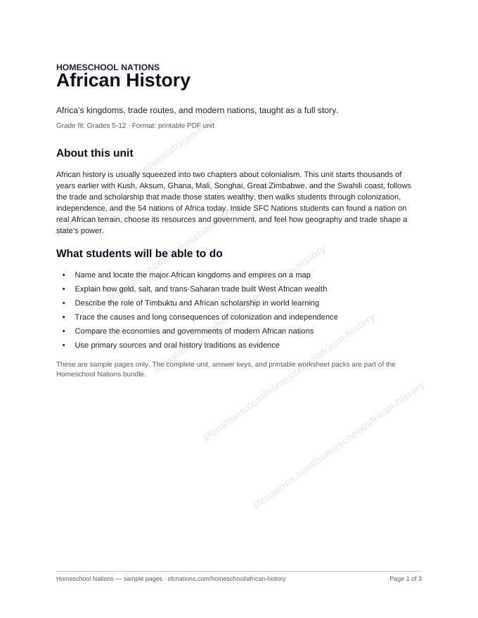 African History homeschool curriculum sample page 1