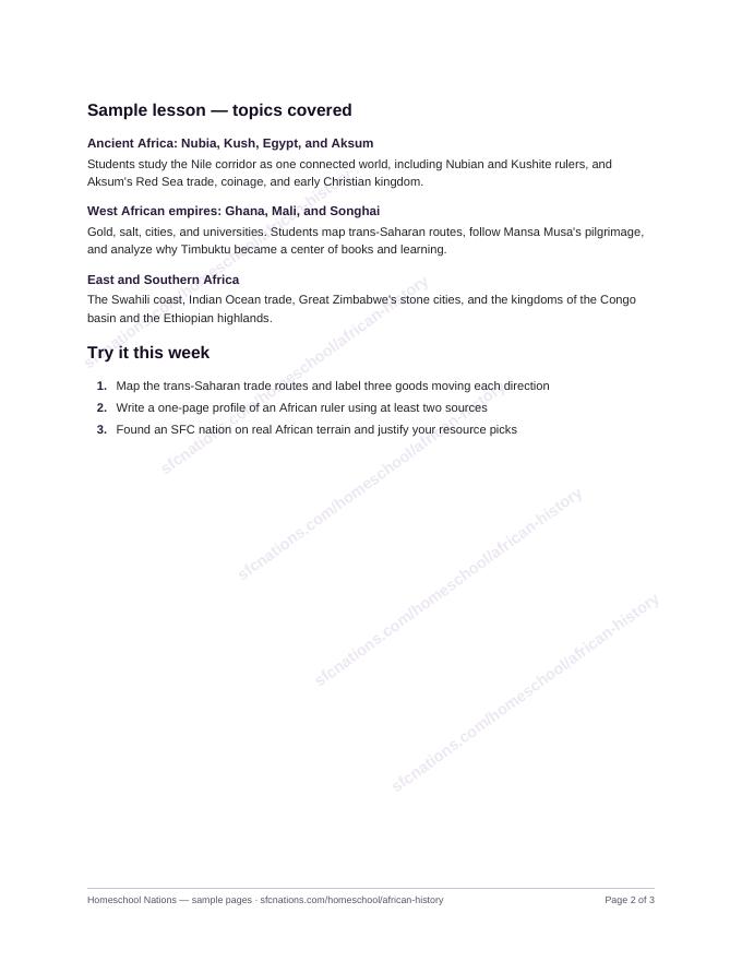 African History homeschool curriculum sample page 2