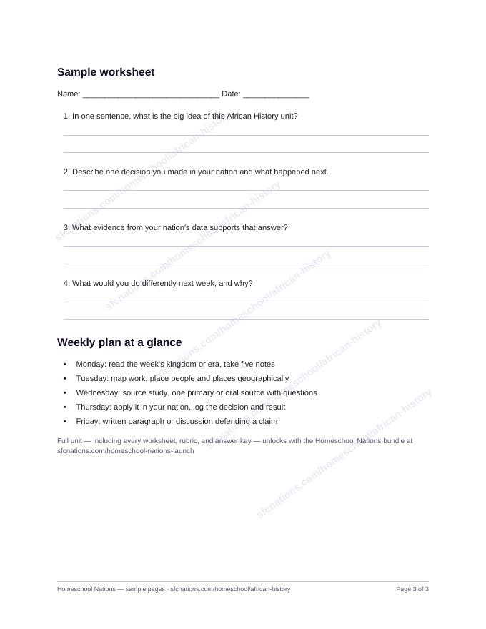 African History homeschool curriculum sample page 3