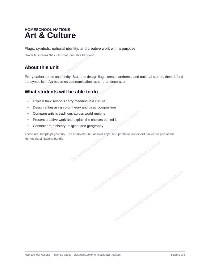 Art & Culture homeschool curriculum sample page 1