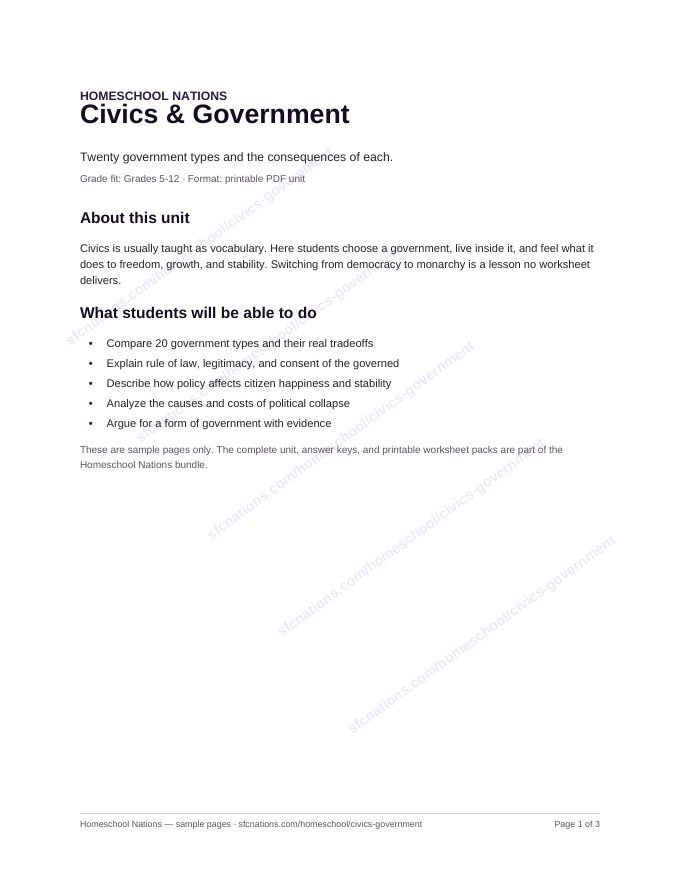 Civics & Government homeschool curriculum sample page 1