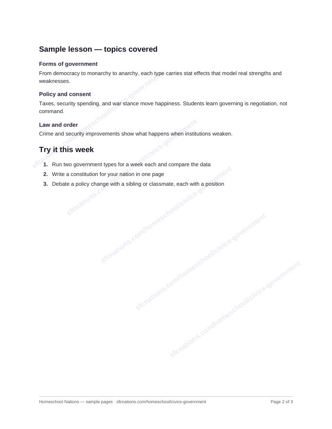 Civics & Government homeschool curriculum sample page 2