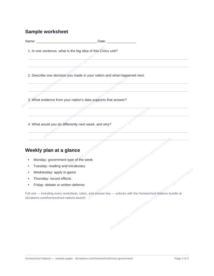 Civics & Government homeschool curriculum sample page 3