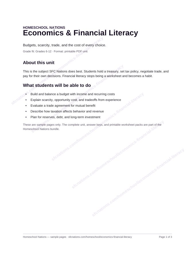 Economics & Financial Literacy homeschool curriculum sample page 1
