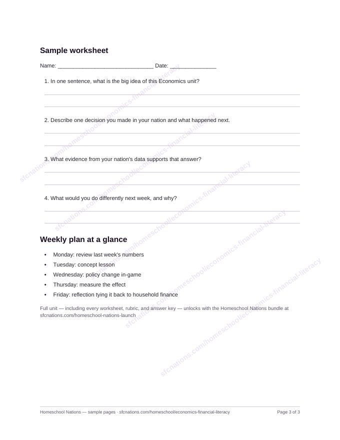 Economics & Financial Literacy homeschool curriculum sample page 3