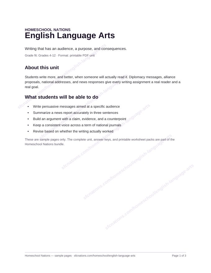English Language Arts homeschool curriculum sample page 1
