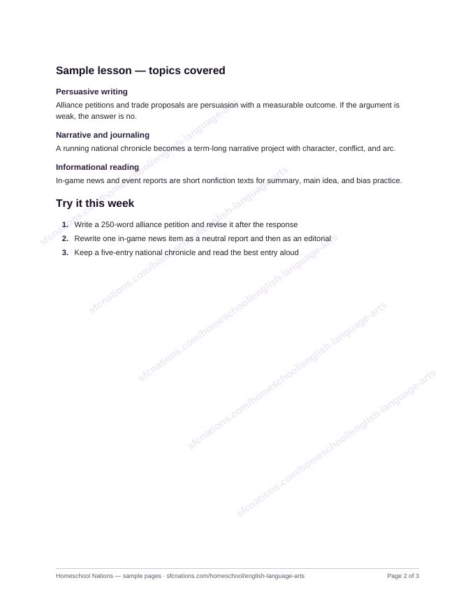 English Language Arts homeschool curriculum sample page 2