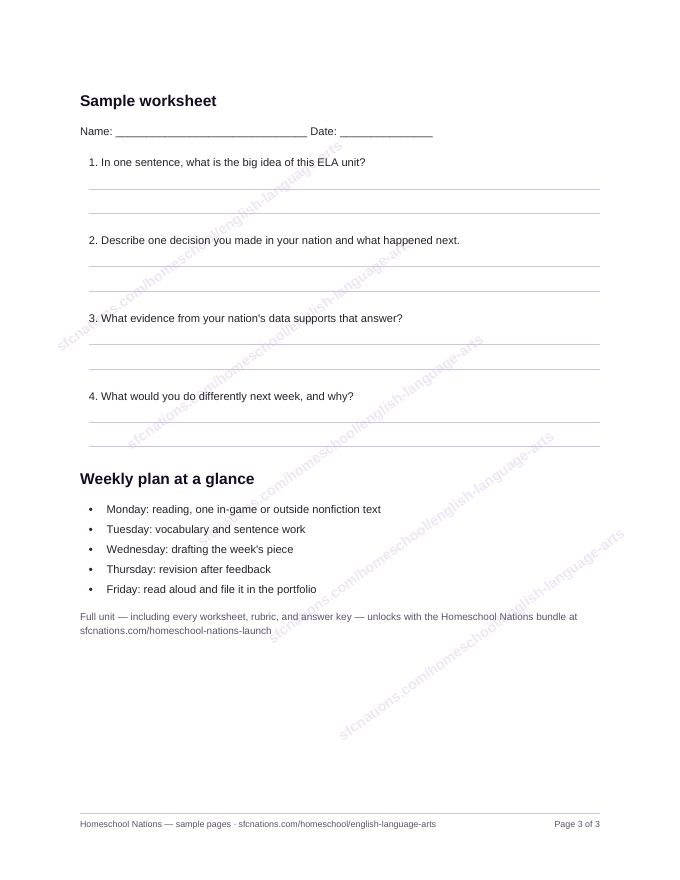 English Language Arts homeschool curriculum sample page 3
