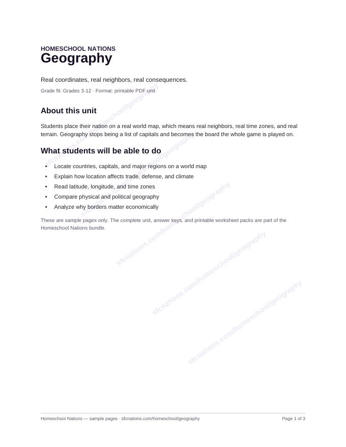 Geography homeschool curriculum sample page 1