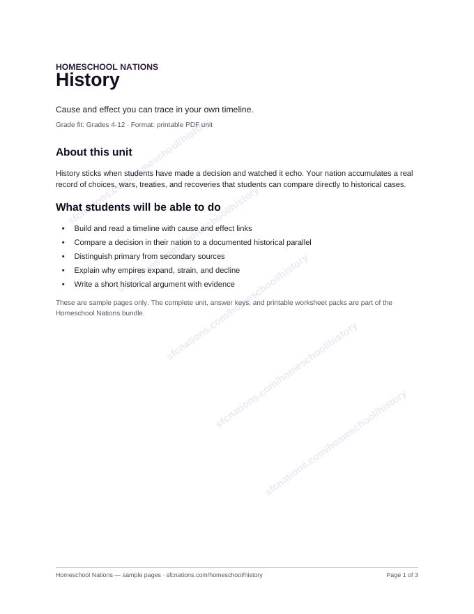 History homeschool curriculum sample page 1