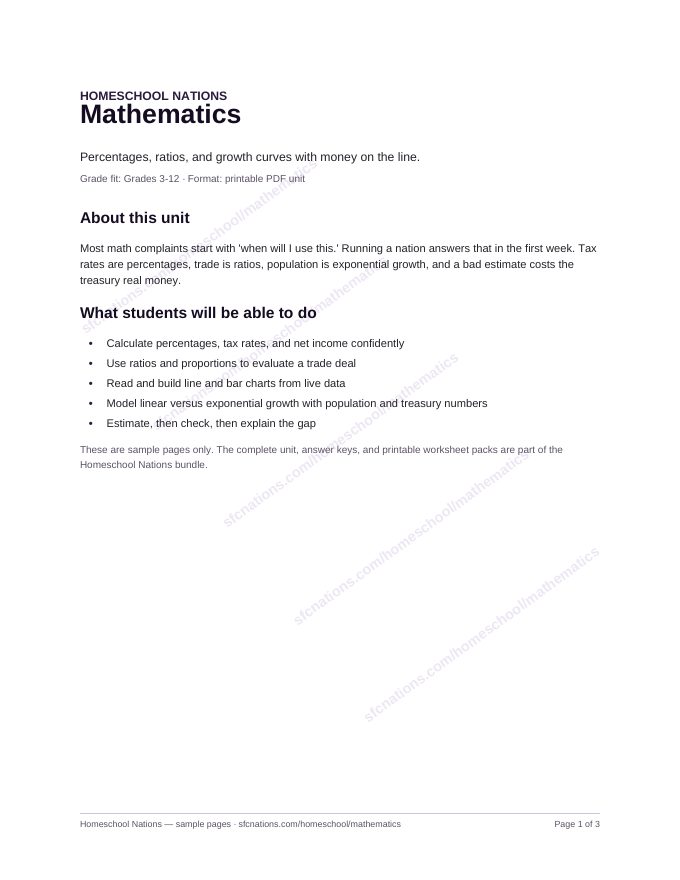 Mathematics homeschool curriculum sample page 1