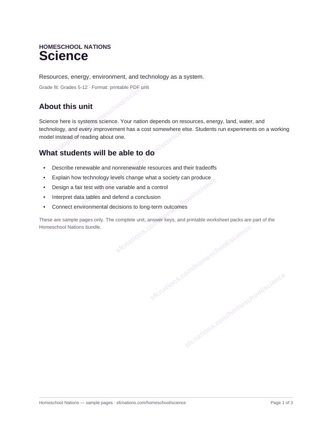 Science homeschool curriculum sample page 1