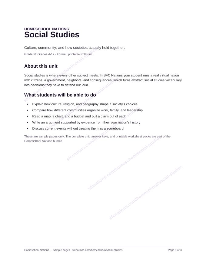Social Studies homeschool curriculum sample page 1