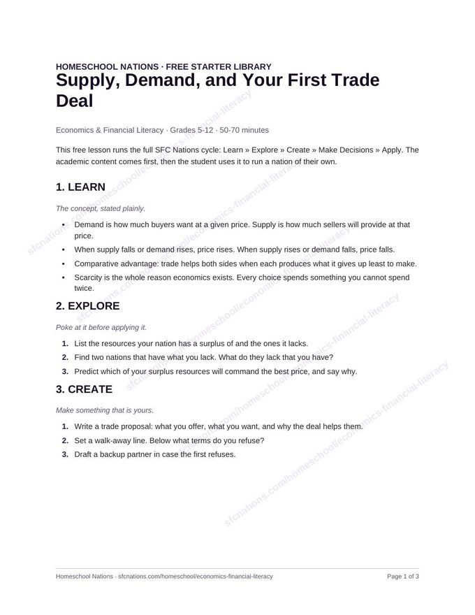 Page 1 of the free Economics & Financial Literacy homeschool lesson: Supply, Demand, and Your First Trade Deal — printable PDF from SFC Nations