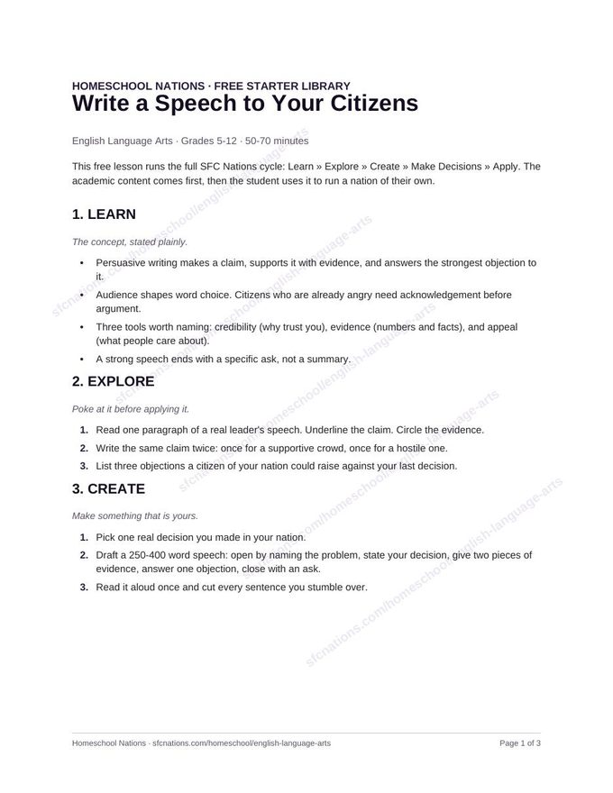 Page 1 of the free English Language Arts homeschool lesson: Write a Speech to Your Citizens — printable PDF from SFC Nations
