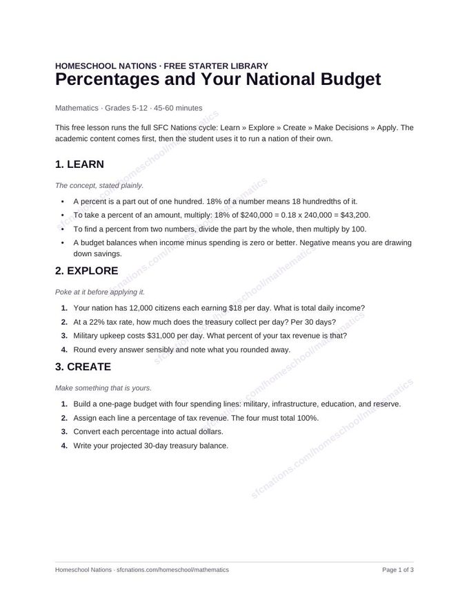 Page 1 of the free Mathematics homeschool lesson: Percentages and Your National Budget — printable PDF from SFC Nations