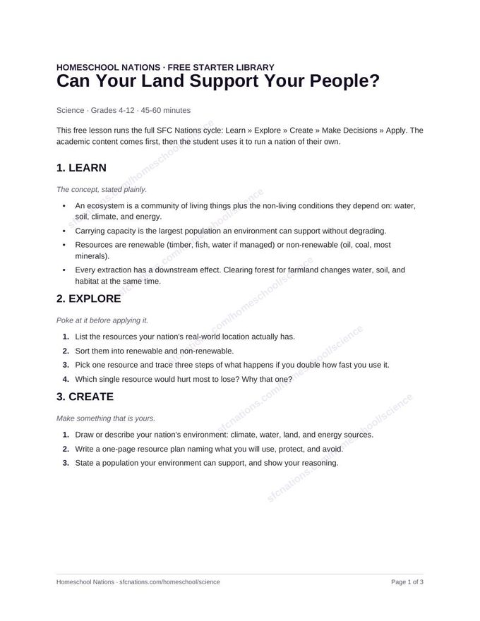 Page 1 of the free Science homeschool lesson: Can Your Land Support Your People? — printable PDF from SFC Nations