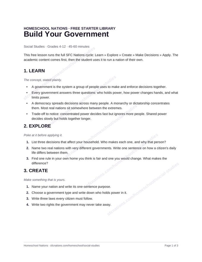 Page 1 of the free Social Studies homeschool lesson: Build Your Government — printable PDF from SFC Nations