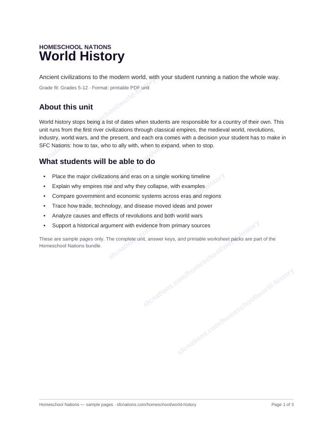 World History homeschool curriculum sample page 1