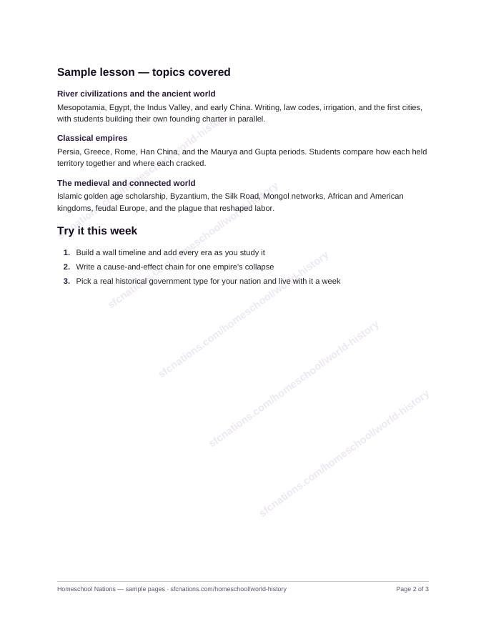 World History homeschool curriculum sample page 2