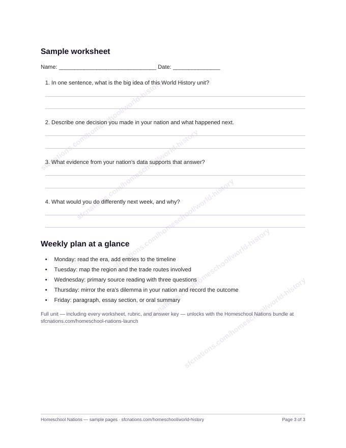 World History homeschool curriculum sample page 3